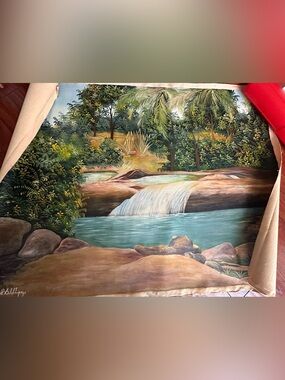 Tropical Waterfall Landscape Painting - Handpainted Oil Canvas